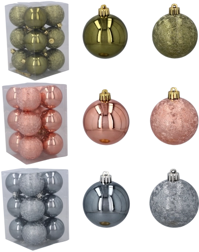 Set de boules de Noël en plastique 6 cm – olive, cuivre et graphite, 12 pcs