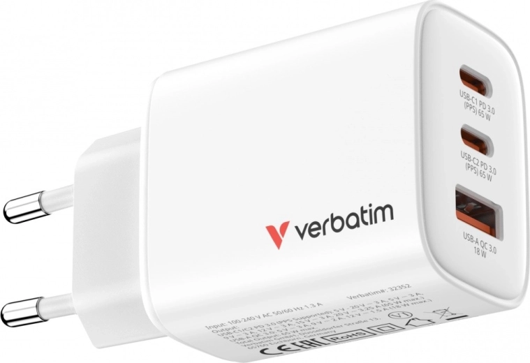 Chargeur GaN Verbatim Essentials 65 W (2× USB‑C PD 3.0 + 1× USB‑A QC 3.0), UE, blanc