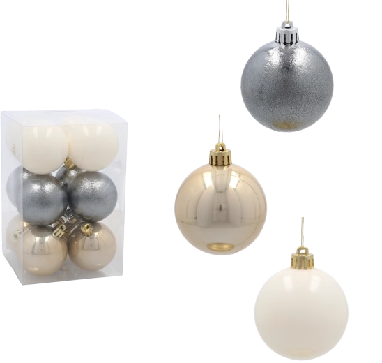 Ensemble de 12 boules de Noël 6 cm – champagne, argenté et blanc