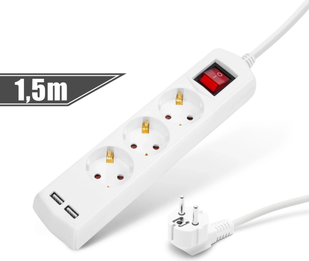 Câble prolongateur avec 3 prises, 2 ports USB et interrupteur, 1,5 m