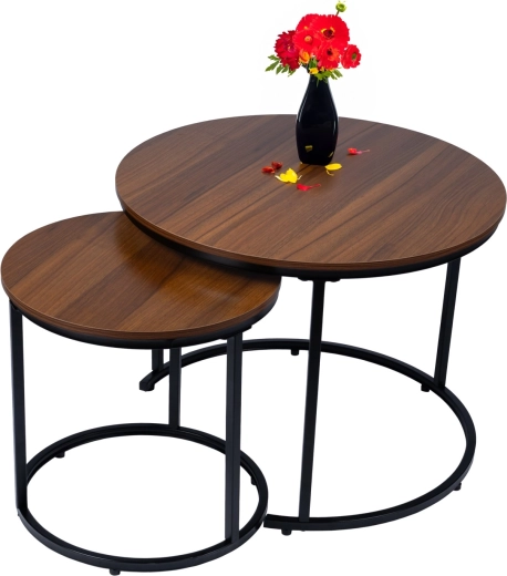 Ensemble moderne 2-en-1 de tables basses rondes de style loft industriel, noyer