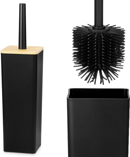 Brosse WC en silicone Vilde avec support, noire 37,5 cm