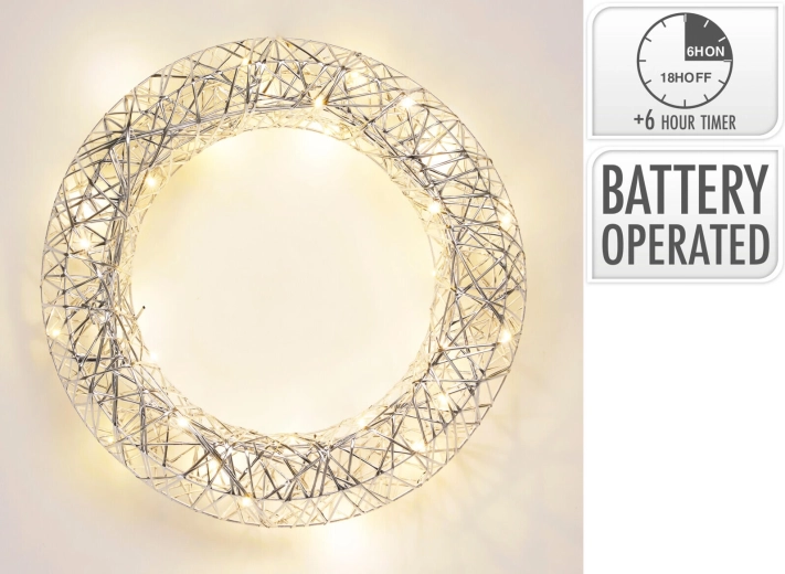 Couronne LED métallique argentée avec minuterie, 40 cm