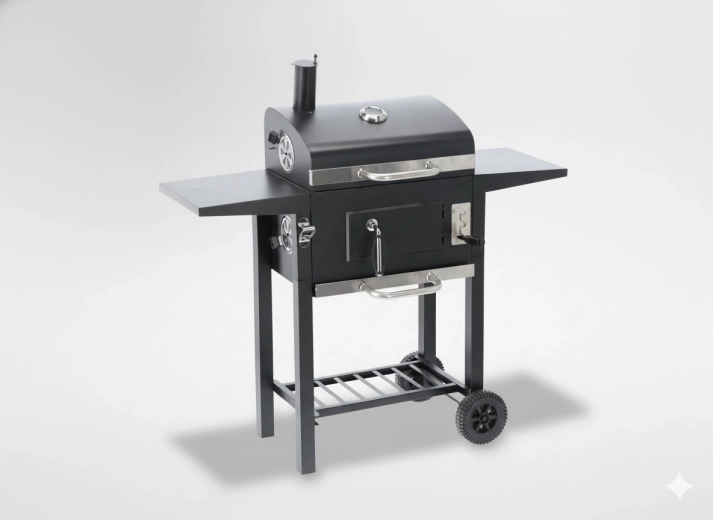 Barbecue au charbon de jardin Inferno avec couvercle, thermomètre et roues