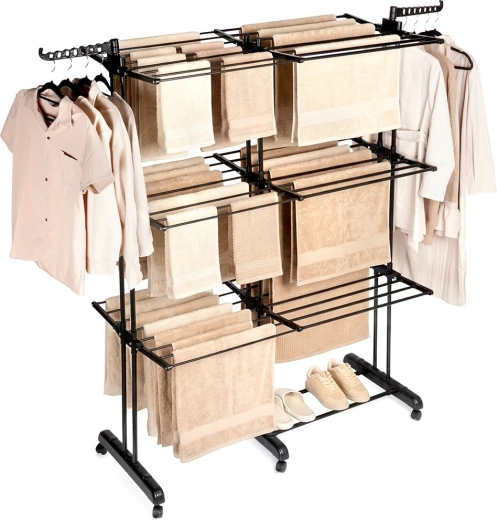 Séchoir à linge métallique pliant XXL, noir, 3 niveaux, télescopique 75–135 × 66 × 180 cm
