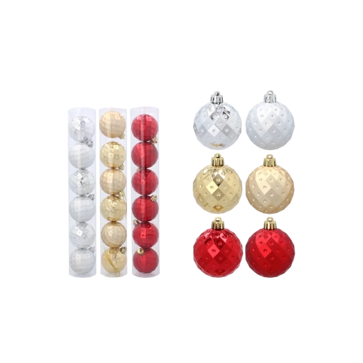 Set de boules de Noël incassables 6 cm – rouge, or et argent, 6 pcs