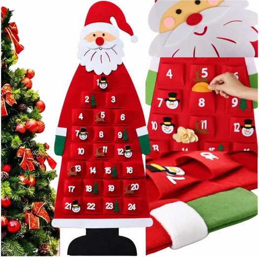 Calendrier de l’Avent suspendu en feutrine Santa Claus avec 24 poches, 115 cm