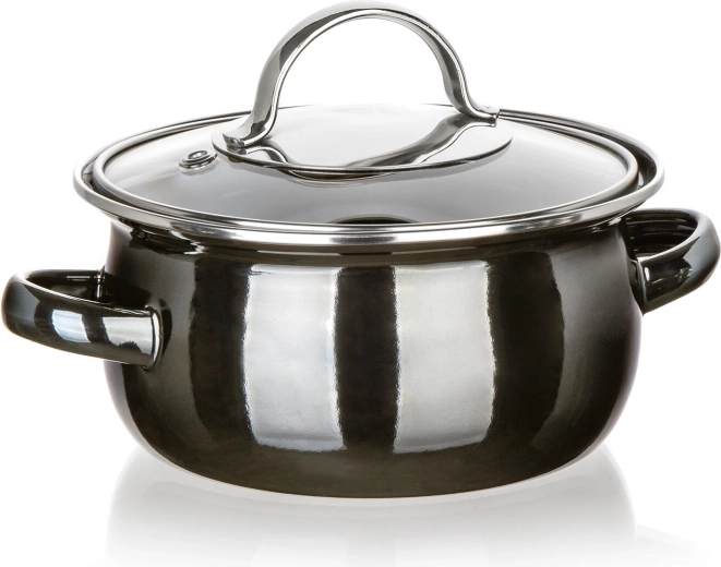 Casserole émaillée avec couvercle en verre 14 cm, 0,7 l, Metallic Black