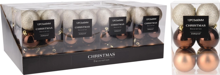 Boules de Noël 6 cm brun-or, assortiment 12 pièces