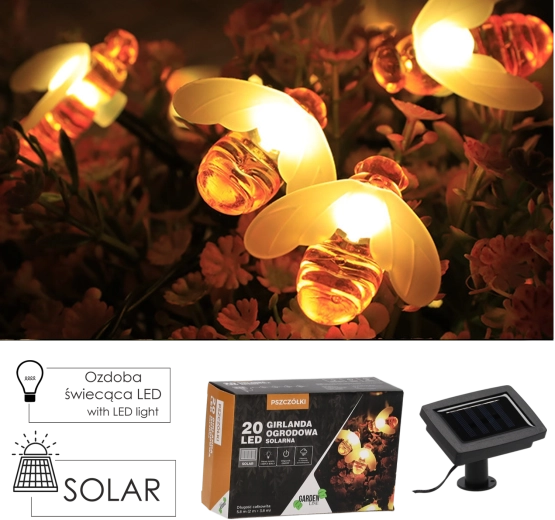 Guirlande lumineuse solaire d’extérieur abeilles 20 LED blanc chaud, 5,8 m