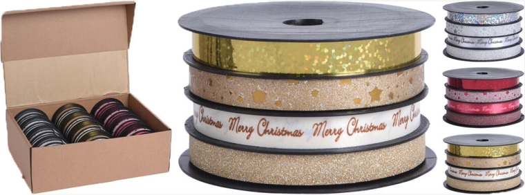 Ruban de liaison pailleté 4 m × 1 cm, assortiment argent/or/rouge (4 pcs)