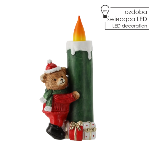 Décoration LED de Noël en forme de bougie avec ourson portant un bonnet et une écharpe