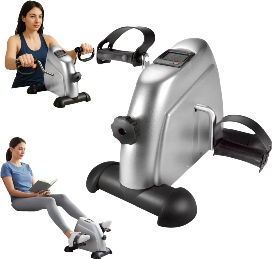 Mini vélo d’appartement compact de rééducation 2-en-1 avec résistance et écran LCD, argenté