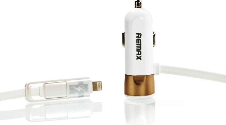 Adaptateur allume-cigare Remax 3,4 A avec câble doré Lightning et micro‑USB