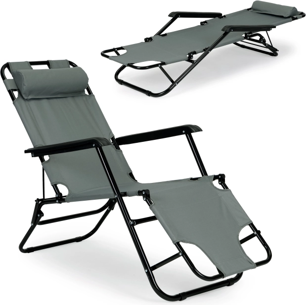 Chaise longue de jardin avec appuie-tête gris