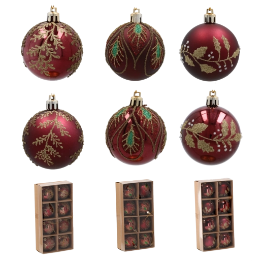 Set de boules de Noël bordeaux 6 cm avec motif feuillage doré – 8 pièces