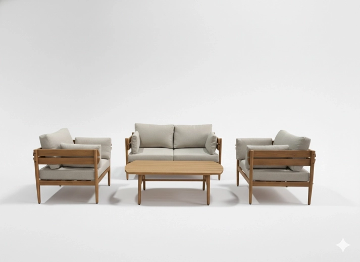 Salon de jardin en aluminium Podgorica, 4 pièces (canapé, 2 fauteuils, table basse) – structure marron, coussins beige