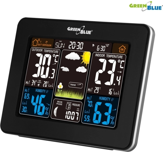 Station météorologique sans fil couleur GreenBlue GB523 avec DCF et phases de la Lune
