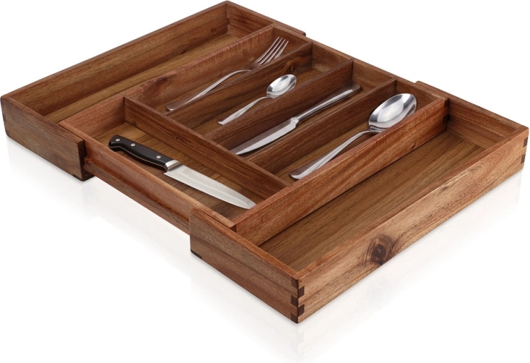Range-couverts extensible en bois d’acacia pour tiroir 28–45 × 34 cm