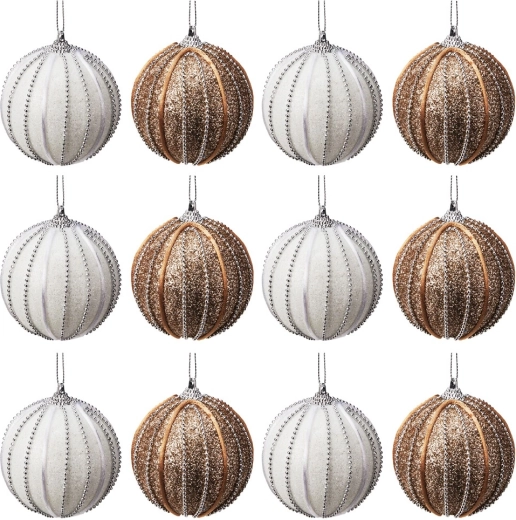Boules de Noël incassables blanches et champagne 8 cm, 12 pcs