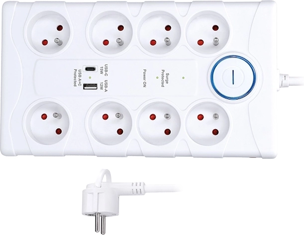 Protection contre les surtensions Solight avec 8 prises et USB-A/USB-C, 2 m, blanche