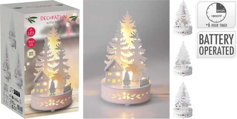 Décoration en bois LED sapin 20 cm avec minuterie - 1 pièce