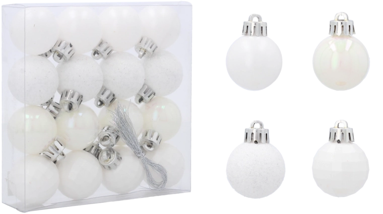 Set de boules de Noël blanches 3 cm – 16 pièces, mates, brillantes, pailletées et effet disco