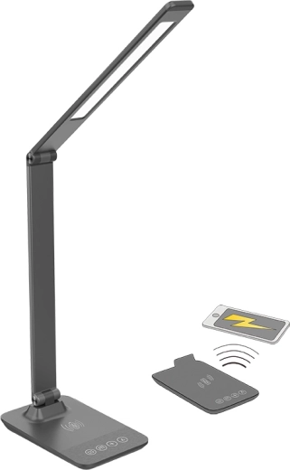 Lampe de bureau LED dimmable Solight avec recharge sans fil 10 W, changement de température de couleur, grise