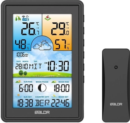 Station météo sans fil avec thermomètre, hygromètre, réveil et phases de la lune – noire