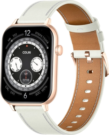 Montre connectée COLMI C28 dorée avec bracelet en cuir blanc