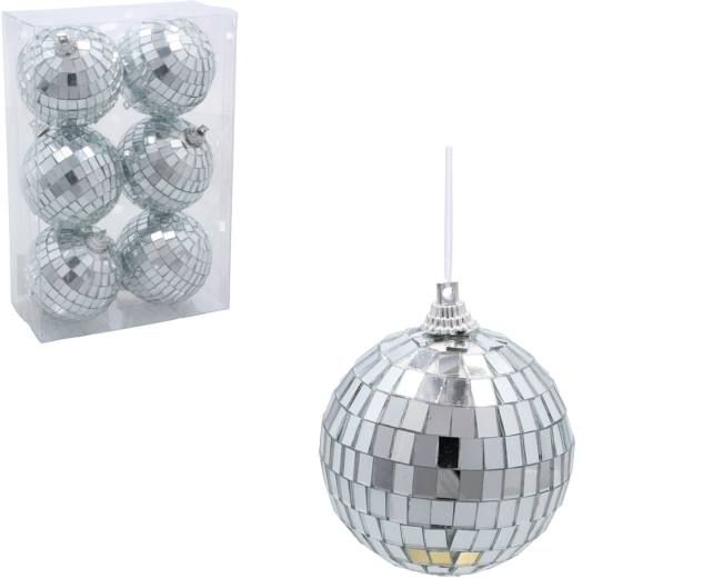 Set de 6 décorations de Noël en plastique transparent 6 cm avec motif blanc pailleté