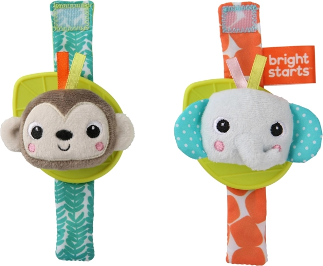 Hochets de poignet avec anneau de dentition BRIGHT STARTS – singe et éléphant, lot de 2