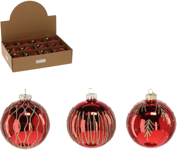 Set de boules de Noël en verre rouges avec motifs dorés 8 cm, 12 pcs