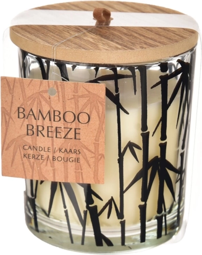 Bougie parfumée bambou dans un contenant en verre et bois