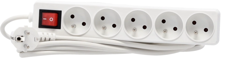 Multiprise parasurtension avec interrupteur, 5 prises, 5 m, blanche
