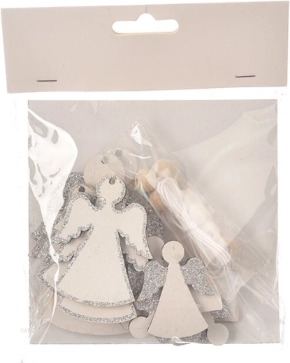 Ange suspendu en bois blanc-argenté 12 pcs