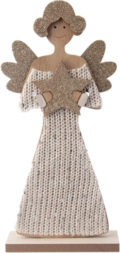 Décoration ange en bois et laine marron 26 cm