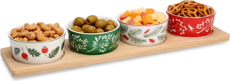 Bols en porcelaine pour amuse-bouches sur plateau en bambou, set de 5 pièces