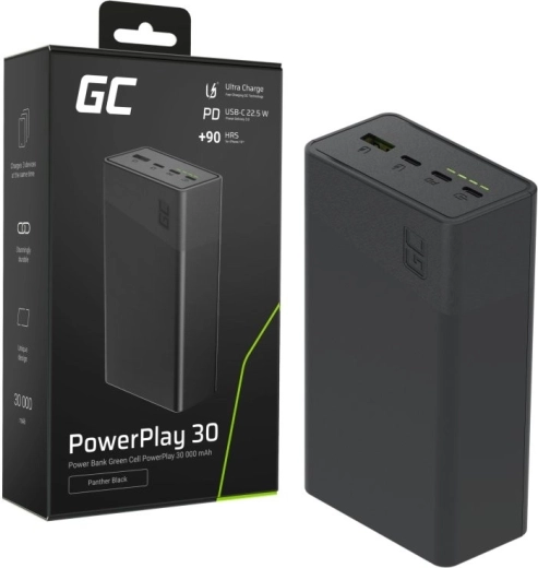 Batterie externe 30000 mAh, 22,5 W, 4 ports, noire