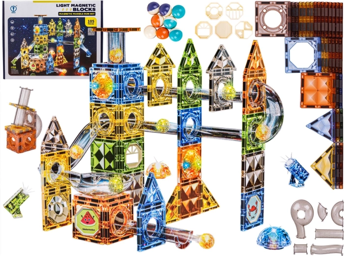 Blocs de construction magnétiques avec circuit de billes et éléments lumineux (142 pièces)
