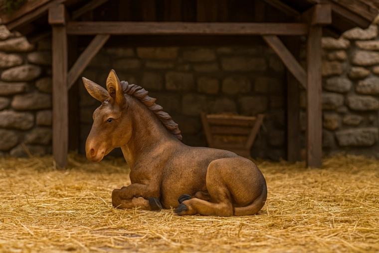 Figurine d’âne couché pour crèche 34 cm en polyrésine