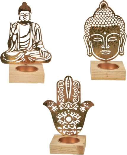 Bougeoir Bouddha en bois et métal doré