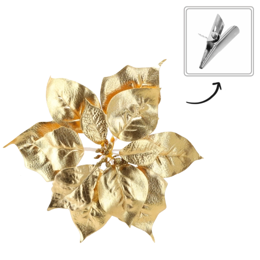 Fleur de poinsettia de Noël sur clip 25 cm – doré