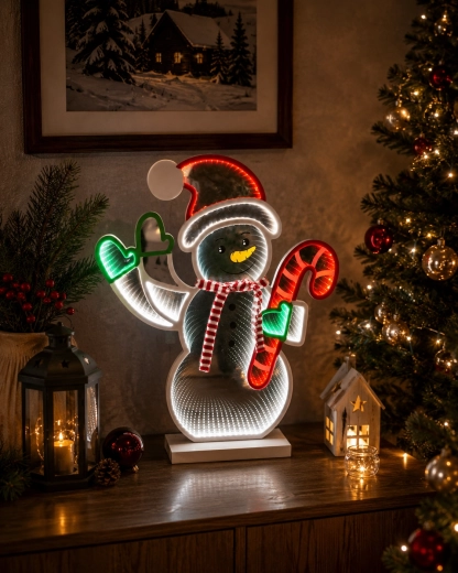 Décoration de Noël 3D LED bonhomme de neige avec canne en sucre avec effet miroir infini - 1 pièce