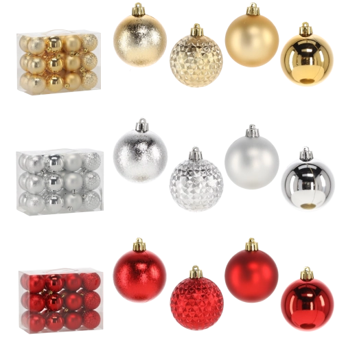 Set de décorations de Noël 24 pcs 6 cm – rouge, or et argent, incassables