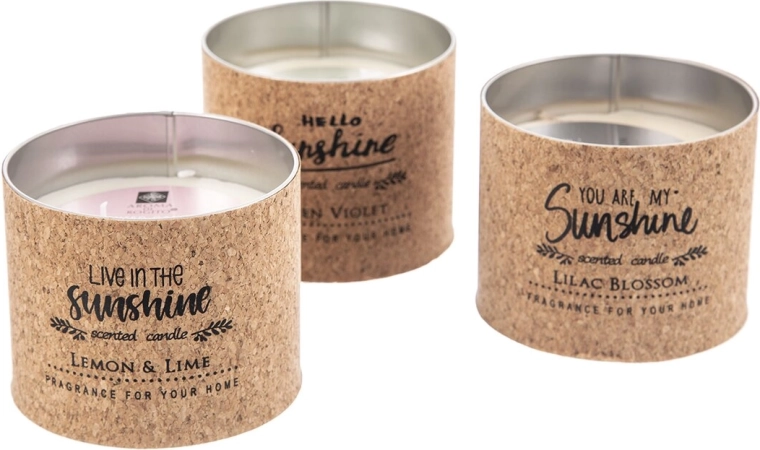 Bougie parfumée décorative dans une boîte en métal avec élément en liège 350 g (3 variantes)