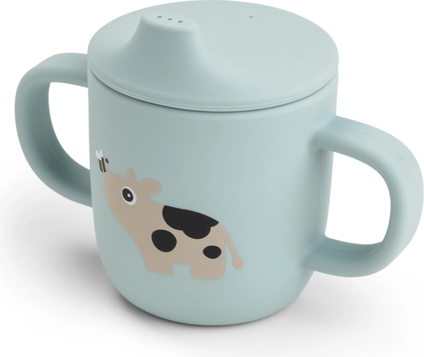 Gobelet en silicone Done by Deer avec bec et deux anses Tiny farm, bleu