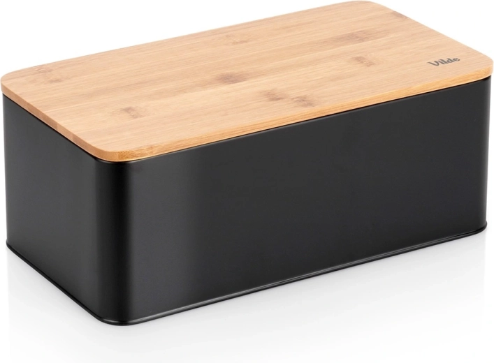 Boîte à pain en métal avec couvercle en bambou, noire 33 × 18 × 13 cm