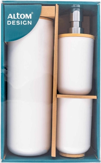Set de salle de bain avec distributeur, gobelet et brosse WC, blanc avec décor bambou