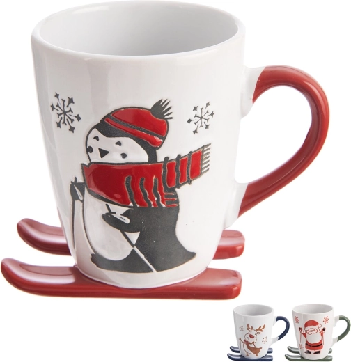 Mug en céramique de Noël 330 ml avec support en forme de ski, motifs assortis